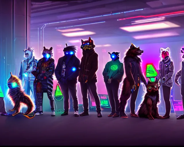 Image similar to high - resolution photograph from a cyberpunk era furry fandom convention ( midwest furfest 2 0 4 7 ), taking place after the genetic revolution and quantum singularity. photorealistic.