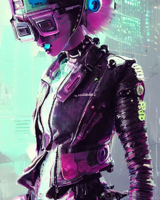 Image similar to detailed portrait Punk Girl cyberpunk futuristic ((neon)) Reflective puffy sheen film jacket, decorated with traditional japanese ornaments by ismail inceoglu dragan bibin hans thoma greg rutkowski Alexandros Pyromallis Nekro Rene Margitte illustrated Perfect face, fine details, realistic shaded, fine-face, pretty face