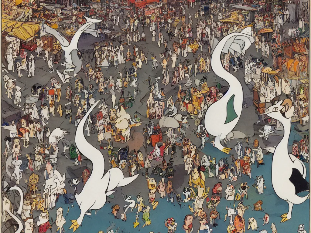 Image similar to a big lugia pokemon walking among people in open door market, detailed, high quality, high resolution, color illustration by Winsor McCay little nemo