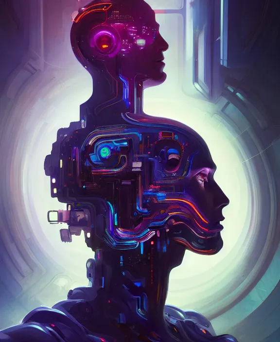 Image similar to a whirlwind inside the metaverse, guy, male, man, hologram, half body, neurochip, android, cyborg, cyberpunk face, by loish, d & d, fantasy, intricate, elegant, highly detailed, colorful, digital painting, artstation, concept art, art by artgerm and greg rutkowski and alphonse mucha