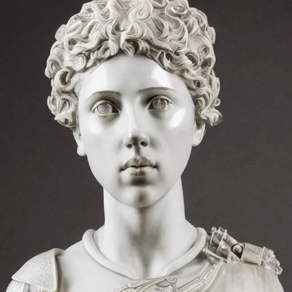 Image similar to a white art nouveau marble and silver sculptural bust of a worried young scarlett johansson as joan of arc, wearing plate armor, delicate, intricate, smooth, beautiful, by charles van der stappen