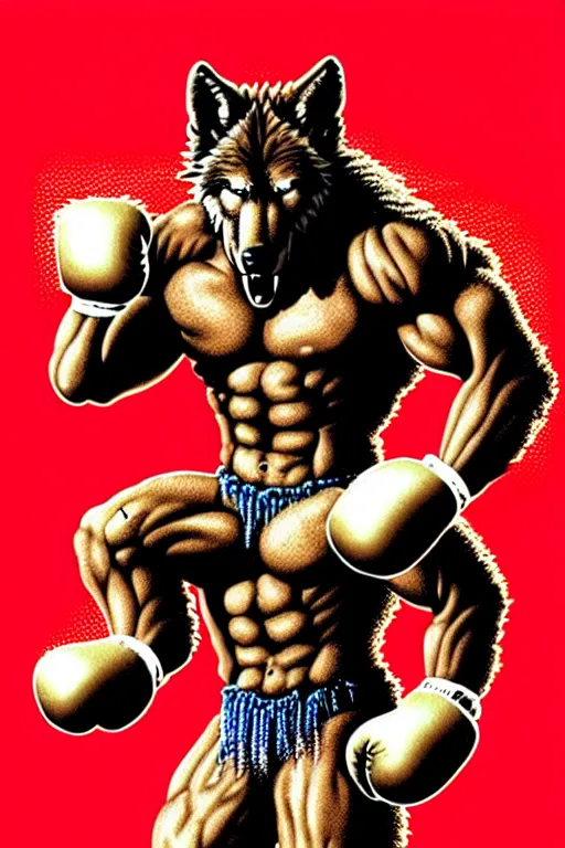 Image similar to extreme long shot. 8 bit nes graphics. 8 0's. vhs artefacts. antropomorphic muscular masculine wolf. kickboxer fighter, in shorts. wolf head. angry. fine details, very sharp, art from nes game cartridge, vaporwave style, marc simonetti and hermann nitsch and anish kapoor.