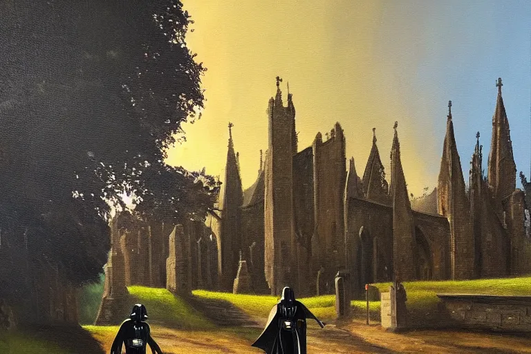 Image similar to a detailed oil painting of darth vader leaving a medieval church,, english, churchyard, trees, golden hour