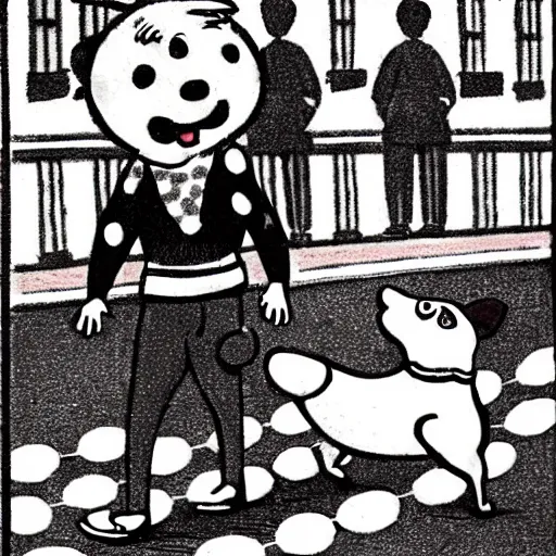 Image similar to illustration of french boy on the streets of paris playing football against a corgi, the dog is wearing a polka dot scarf, comic, 1 9 6 2