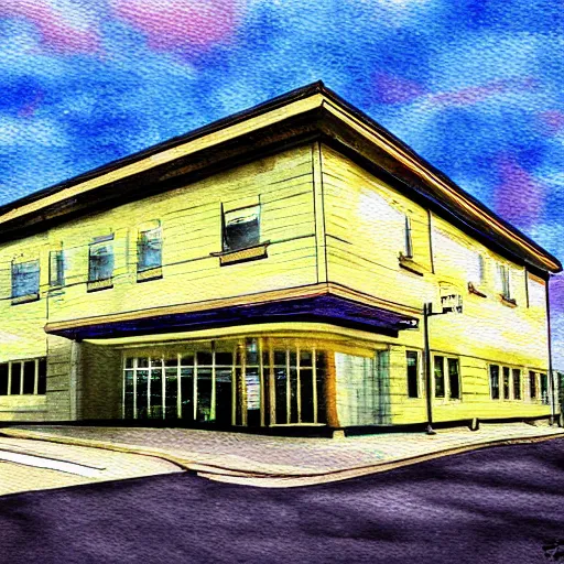 Prompt: dunder mifflin office building watercolor impressionist painting