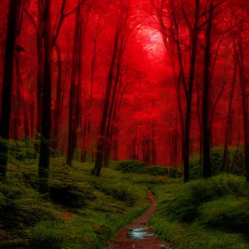 Prompt: a red energy flowing through a forest turning everything it touches into red, cinematic, real, 4k, art station, render, moody, red, glow