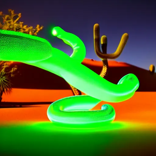 Prompt: a robot snake with glowing green light in the desert, octane render, 3D, accurate