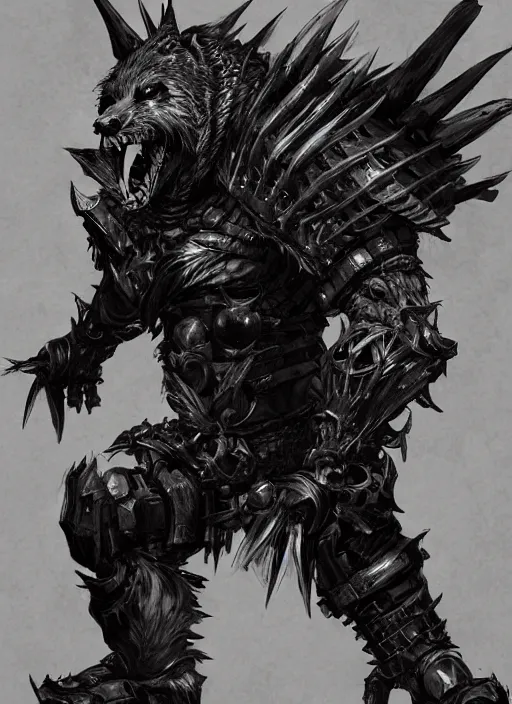 Prompt: Full body portrait of a scary gnoll wolf man. Armour made of human skulls. In style of Yoji Shinkawa and Hyung-tae Kim, trending on ArtStation, dark fantasy, great composition, concept art, highly detailed.