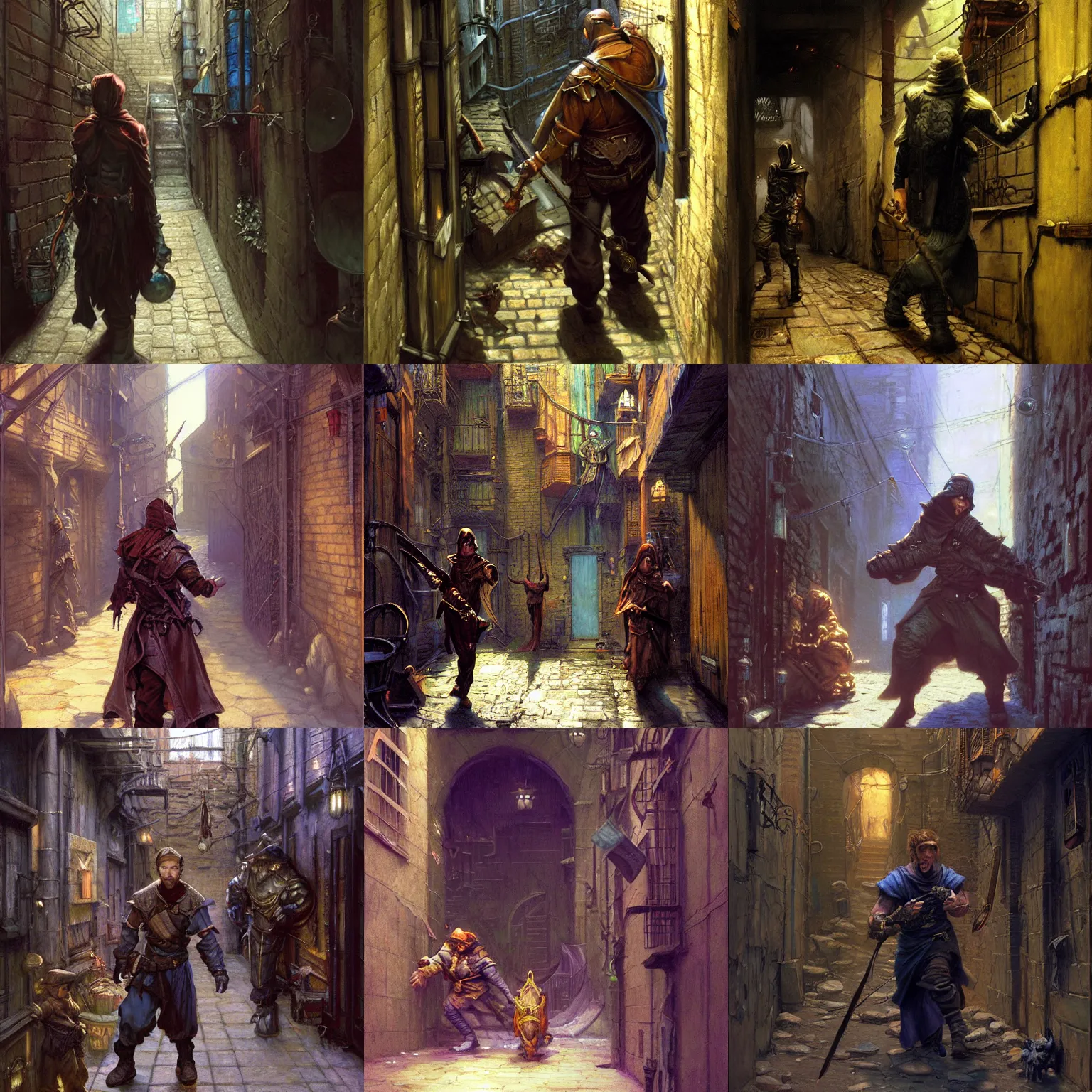 Prompt: The Thief tries to rob you in a back alley, fantasy character art by Donato Giancola, Craig Mullins, digital art, trending on artstation