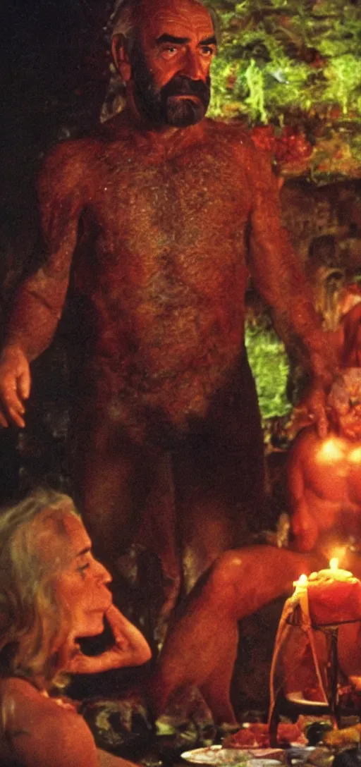 Prompt: a 3 5 mm color closeup macro hi def picture of sean connery as zardoz as he's accessing third eye second level during his 9 6 6 th birthday party along with female friends. everything is of the second level including plates of green bread and hams on the isle of kun lao. volumetric lighting with picoso hotdogs. atmospheric. scary fog national geographic.