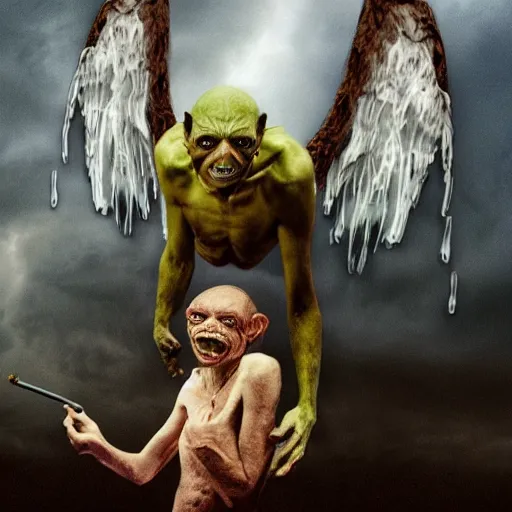 Image similar to gollum with angel wings flying with cig in mouth, thunderstorm, rain, sad,