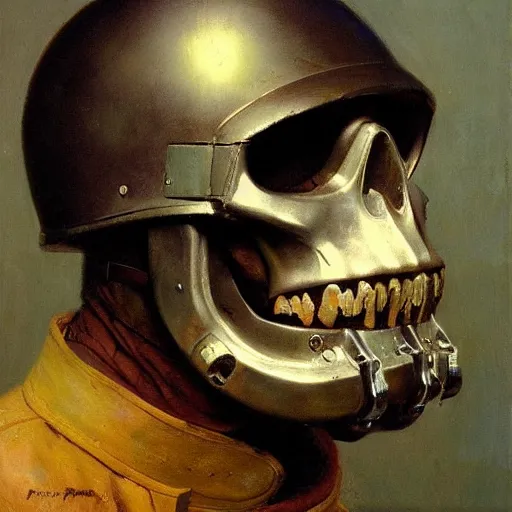 Image similar to portrait of deep sea diver helmet, detailed skull face, detailed painting, epic lighting, by ilya repin, phil hale and kent williams