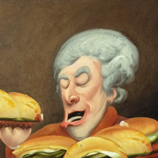 Prompt: painting of a sad man devouring cheeseburger in the style of francisco goya