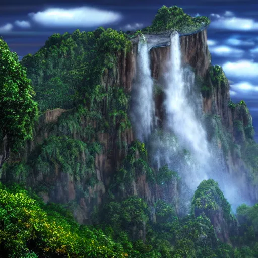 Image similar to photorealistic fantasy digital art depicting a very - distant aerial view of the world's tallest waterfall. the waterfall emerges from a cliff at the peak of the world's tallest mountain, and it falls to the base of the mountain into a lake. the waterfall is unbelievably tall, and the mountain is extremely steep and narrow. there is a city surrounding the lake.