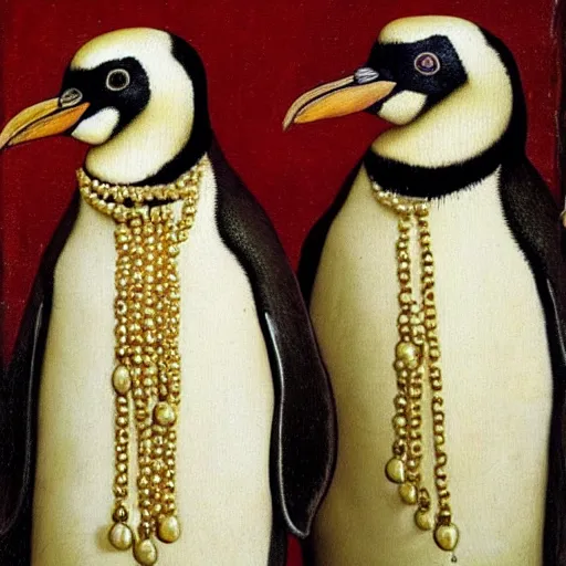 Image similar to portrait of two penguins wearing gold necklaces, oil painting by jan van eyck, northern renaissance art, oil on canvas, wet - on - wet technique, realistic, expressive emotions, intricate textures, illusionistic detail,