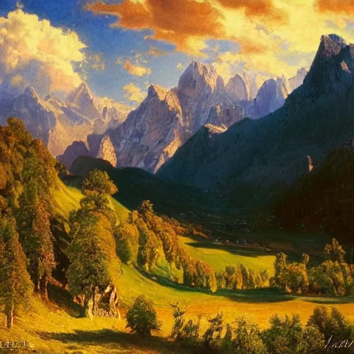 Prompt: wonderful alpine mountain valley, swiss, soft dynamic clouds astral appearance, cinematic light, sublime, colorful, light shafts, dramatic light, by august malmstrom, russian painters, mucha, disney, global illumination, rule of thirds, perfect central composition