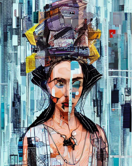 Image similar to cypherpunk fashion illustration, camera face, city street background with high tall buildings, abstract portrait highly detailed, finely detailed