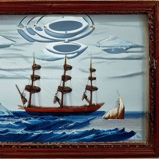 Image similar to a wooden sailing ship being attacked by flying saucers in the arctic, intricate, detailed