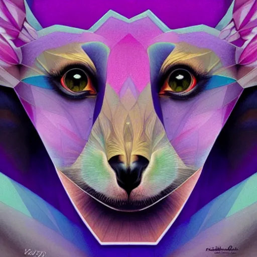 Image similar to Geometric symmetrical purple lemur, sun in the background, intricate, elegant, highly detailed, digital painting, artstation, concept art, smooth, sharp focus, illustration, art by artgerm