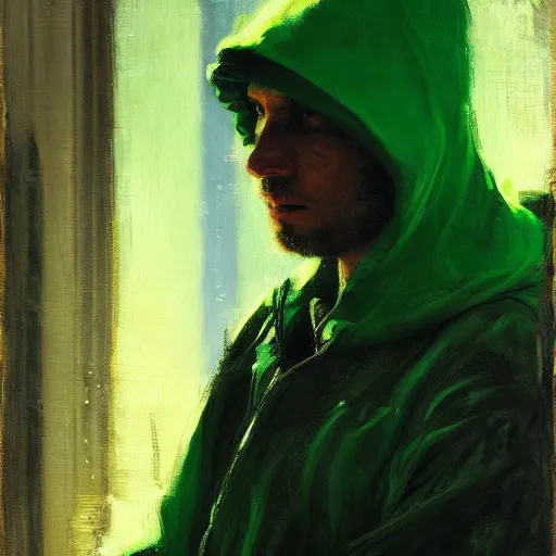 Image similar to portrait of a lost chad programmer with green hood by jeremy mann, dramatic lighting, close up