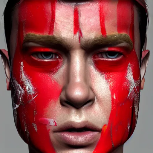 Prompt: Brad Pitt armor war paint, detailed, jewelry, sakura,photograph,realistic, award wining, red and white, trending on artstation, punk attitude, 4k, unreal engine 5, octane render, neon highlights