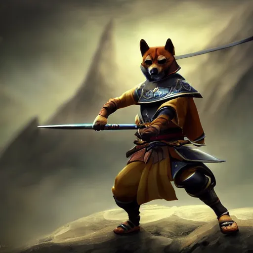 Image similar to shiba inu samurai warrior as a league of legends character, michael maurino, alex flores, paul kwon, cinematic, highly detailed, concept art, 3 d cgi, dramatic lighting, focus, smooth, heroic, hyper realistic background