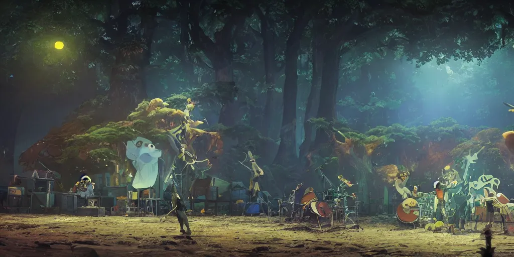 Image similar to a wholesome animation key shot of a band behemoth performing on stage, medium shot, studio ghibli, pixar and disney animation, 3 d, sharp, rendered in unreal engine 5, anime key art by greg rutkowski, bloom, dramatic lighting