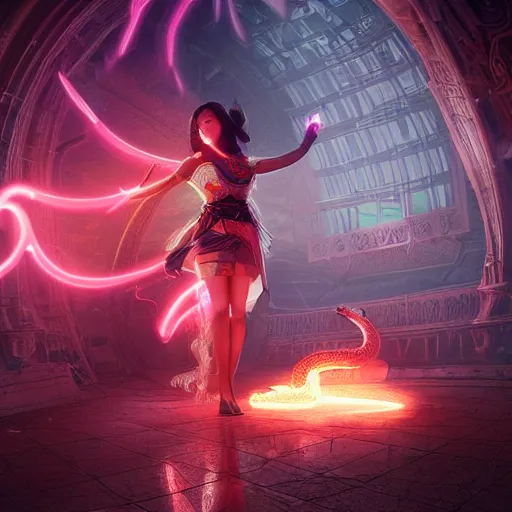 Image similar to a girl like yoona, in a glowing skirt, wearing cybernetic bunny ears, casting fire spell in shape of a snake, in the middle of round ruins, background cyberpunk spaceship, full shot, photo, geometries, Fibonacci, volumetric lighting, epic composition, intricate details, dark neon punk, by denis villeneuve , Greg Rutkowski and Alphonse Mucha