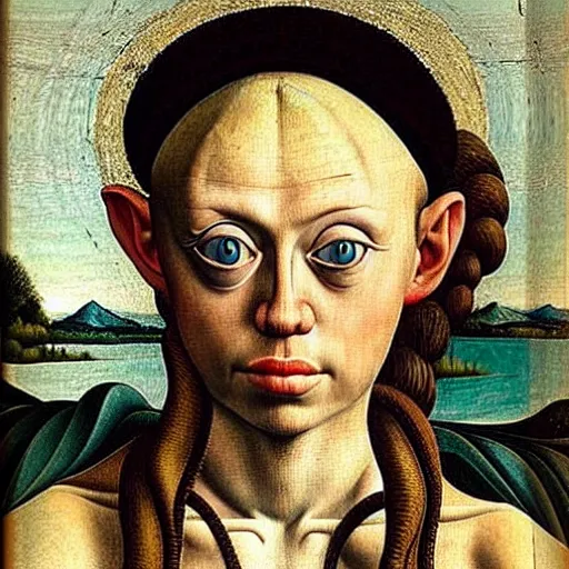 Prompt: miley cyrus as gollum, elegant portrait by sandro botticelli, detailed, symmetrical, intricate