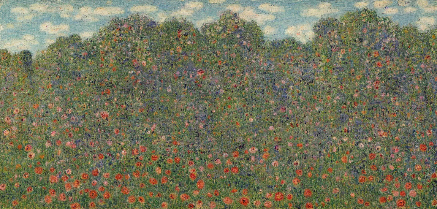 Image similar to epic highly detailed landscape painting of Huge flowers growing on tree trunks and holes in buildings, Gustave Loiseau