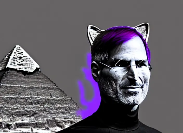 Image similar to steve jobs, a boy with purple hair and cat ears in front of the pyramids, hyperrealism, intricate, 8 k, high detail