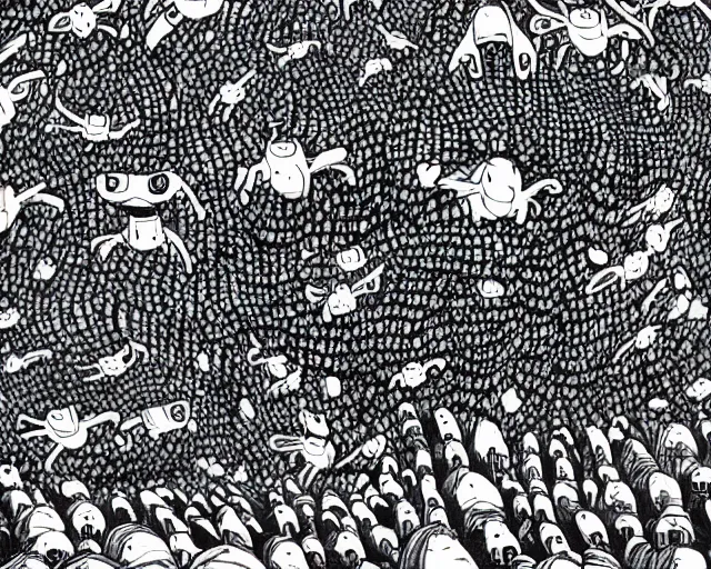 Prompt: A swarm of flying alien hippos animated by Pendleton Ward, extremely high detail, manga, ink