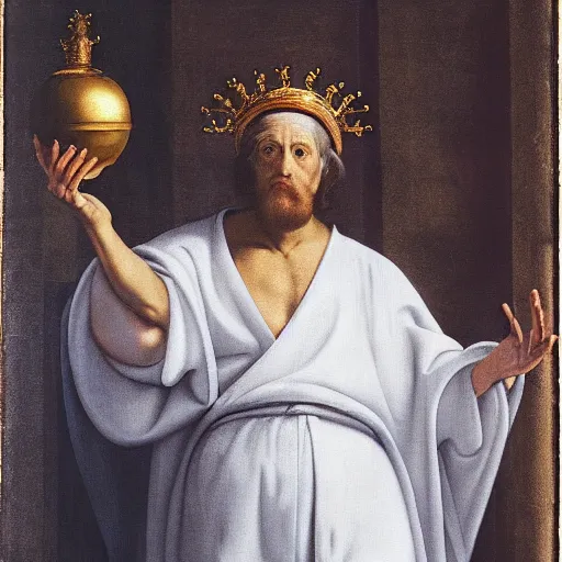 Prompt: a man wearing an white robe and hood and crown, holding golden sphere, royalty, oil painting, by Michelangelo, high detail