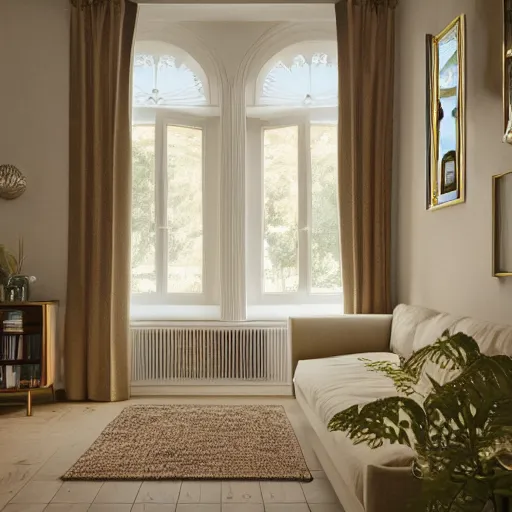 Prompt: beautiful rendering of an interior scene, english retro living room with sunlight coming from the window, plants and roses as accents, gold glittering ornaments, trending on behance, by raphael lacoste and craig mullins, rule of thirds, 8 k resolution, unreal engine, rendered in maya, detailed, wide - angle lens, two - point perspective, light effect, overall color balance