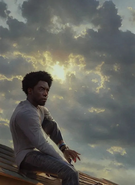 Image similar to A digital painting of a portrait of Chadwick Boseman alone on a rooftop during Golden Hour. masterpiece 4k digital illustration by Ruan Jia and Mandy Jurgens and Artgerm and greg rutkowski and Alexander Tsaruk and WLOP and william-adolphe bouguereau, marvel comics, dark, intricate, highly detailed, smooth, artstation, digital illustration by Ruan Jia and Mandy Jurgens and Artgerm and Wayne Barlowe and Greg Rutkowski and Frank Frazetta , award winning, Artstation, art nouveau aesthetic, Alphonse Mucha background, intricate details, realistic, panoramic view, Hyperdetailed, 8k resolution, intricate art nouveau