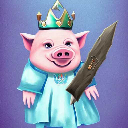 Prompt: A pig wearing a crown, with a light blue sword, 8k, Artstation, epic illustration