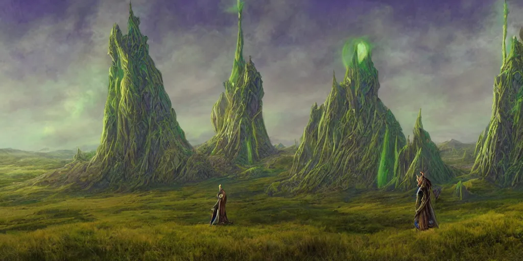 Image similar to The elegant single lonesome fantasy Magical wizards tower, green fields in the background, wide angle, cinematic, art by Donato Giancola and Bayard Wu, digital art, trending on artstation