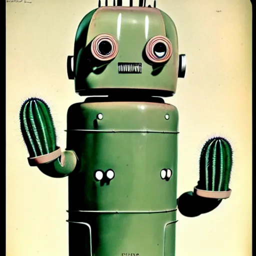 Image similar to 1950s retro cactus robot, Bionic Arms and eyes. muted colours. by Jean-Baptiste Monge, wide shot