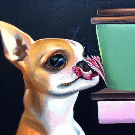 Image similar to a painting of a chihuahua smoking weed in an office