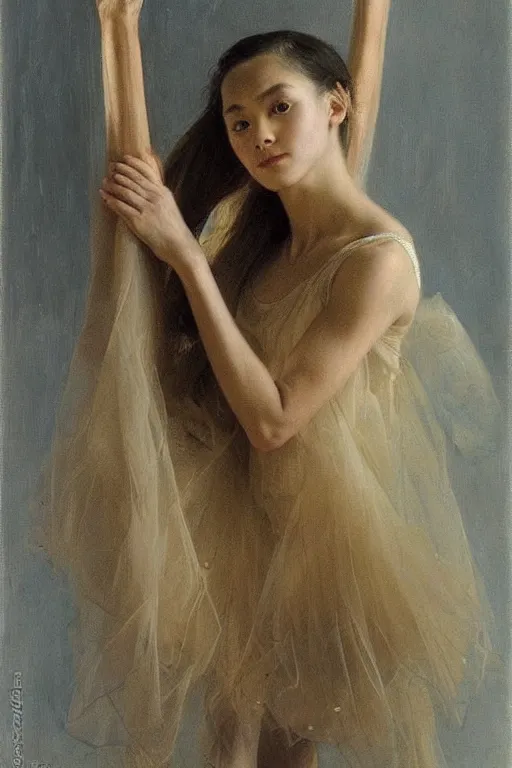 Image similar to portrait of a gorgeous graceful young filipina prima ballerina, by donato giancola and berthold woltze.