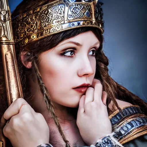 Prompt: beautiful Viking princess with ornate cloak, highly detailed, 4k, HDR, smooth, sharp focus, photo-realistic, high resolution, award-winning, macro 20mm, headshot