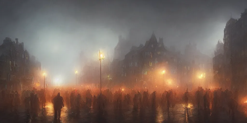 Image similar to a heavy swirling fog during a parade, soft lighting, night, unreal engine, digital art, 8 k, oil painting, fantasy art, illustration, detailed and intricate environment