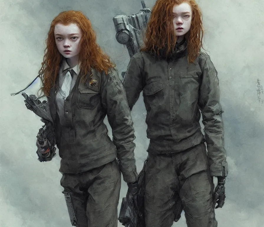 Image similar to sadie sink dressed in oversized school uniform : costume concept for a scifi cyberpunk film. by greg rutkowski, gustave courbet, greg staples, rosa bonheur. sharp focus, cinematic atmosphere, detailed and intricate, perfect anatomy