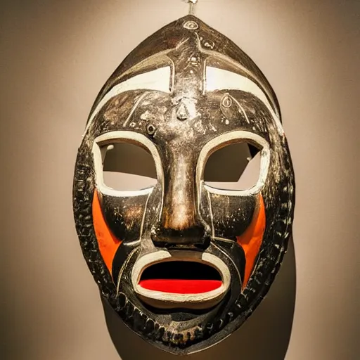 Prompt: traditional pagan mask in a museum with spot lights, realistic, photography, photojournalism, national geographic photoshoot