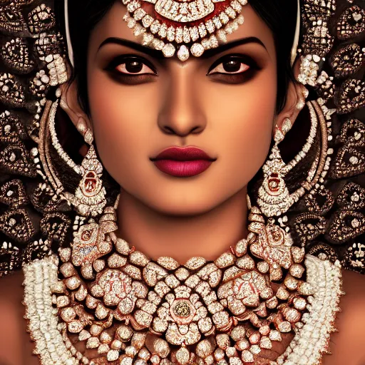 Prompt: portrait of wonderful hindi princess of diamond with dark skin, ornate with diamonds, 8 k, gorgeous, intricate, detailed, glowing white accent lighting, dramatic lighting, octane render