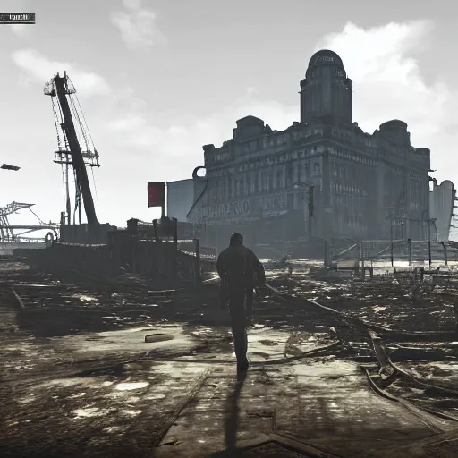 Image similar to royal liver building, liverpool in ruins post - nuclear war in fallout 4, in game screenshot