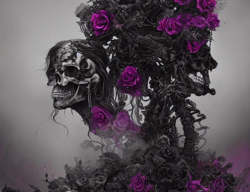 Image similar to a chaotic goddess of death skeleton as a heroine, intricate, elegant skull black rose s day of the dead atmospheric, dramatic, Trending on artstation. augmentations and cybernetic enhancements neon circuits, greg rutkowski , hyperrealist, cinema4D, 8k highly detailed