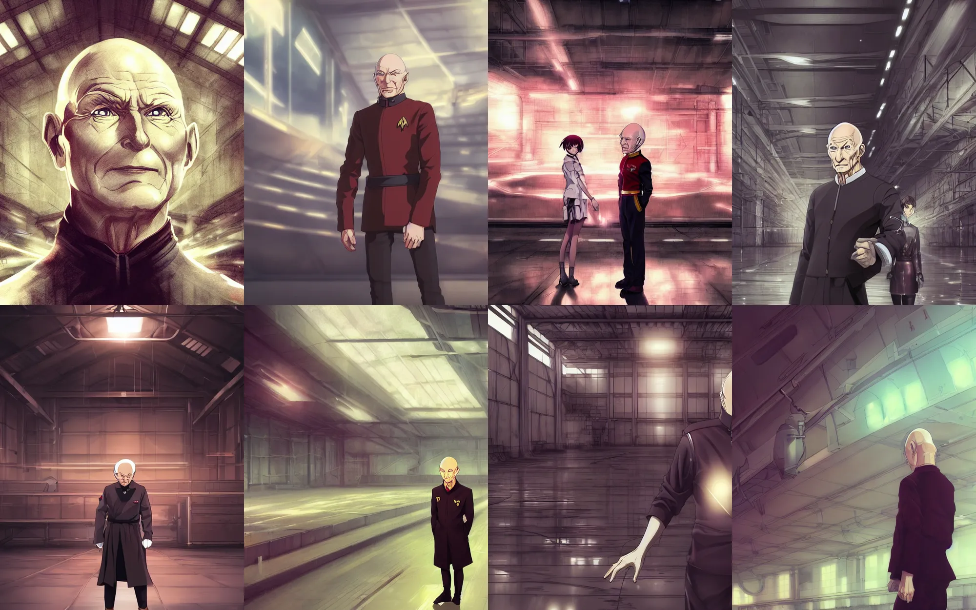 Prompt: Digital anime art by WLOP and Mobius, Captain Picard, serious expression, [[empty warehouse]] background, highly detailed, spotlight