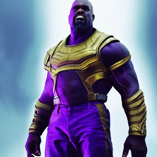 Image similar to Portrait of Kanye West as thanos, splash art, movie still, cinematic lighting, dramatic, octane render, long lens, shallow depth of field, bokeh, anamorphic lens flare, 8k, hyper detailed, 35mm film grain