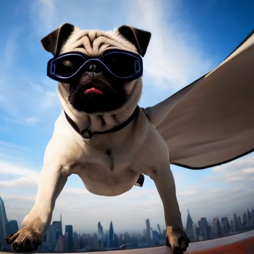 Prompt: A high quality action photo of a pug with old school brown pilot goggles flying like superman towards the camera, high above NYC, motion blur, high detail, zoomed in, fish eye lense